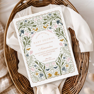 Invitación Con Relieve Metalizado Ducha de Bebé de la Naturaleza Ilustrada