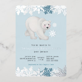 Invitación Con Relieve Metalizado Ducha de bebé de oso polar copo de nieve de papel