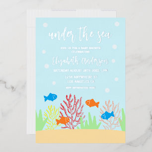Invitación Con Relieve Metalizado Ducha de Bebé de Vida Marina