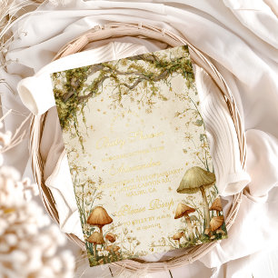 Invitación Con Relieve Metalizado Ducha de Bebé del Bosque Encantado de Hongos