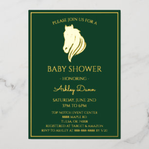 Invitación Con Relieve Metalizado Ducha de bebé ecuestre verde esmeralda dorada