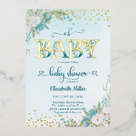 Invitación Con Relieve Metalizado Ducha de bebé floral azul acuarela de invierno