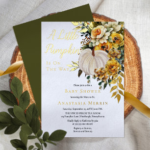 Invitación Con Relieve Metalizado Ducha de bebé floral dorada de calabaza pequeña co