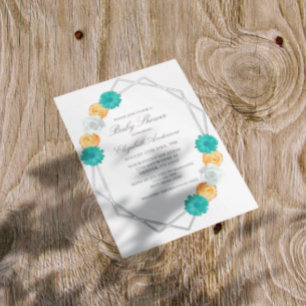 Invitación Con Relieve Metalizado Ducha de bebé floral geométrica naranja y azul tur