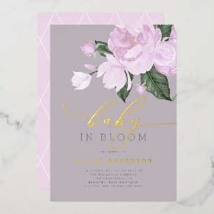 Invitación Con Relieve Metalizado Ducha de bebé floral gris lavanda dorada en flor