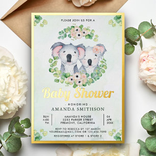 Invitación Con Relieve Metalizado Ducha de Bebé Gemelos Koala Eucalipto Dorado