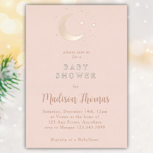 Invitación Con Relieve Metalizado Ducha de Bebé Luna y Estrellas