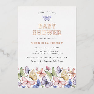 Invitación Con Relieve Metalizado Ducha de Bebé Mariposa