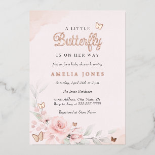 Invitación Con Relieve Metalizado Ducha de Bebé Mariposa Flor de Rosa Rosa