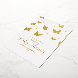 Invitación Con Relieve Metalizado Ducha de Bebé Mariposas en el Aire Dorado