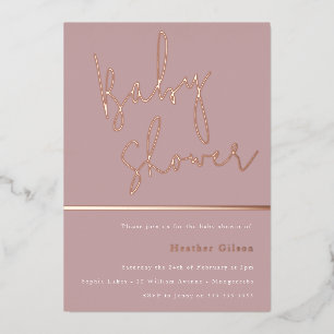 Invitación Con Relieve Metalizado Ducha de bebé moderna rosa malva polvorienta oro r
