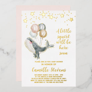 Invitación Con Relieve Metalizado Ducha de bebé niña acuarela náutica de ballena