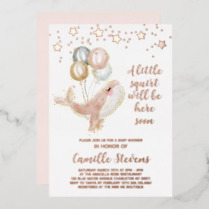 Invitación Con Relieve Metalizado Ducha de Bebé Niña Acuarela Náutica de Ballena