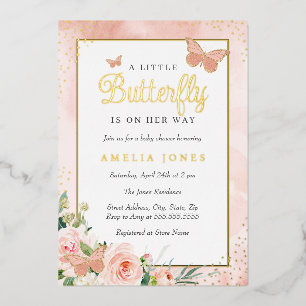 Invitación Con Relieve Metalizado Ducha de Bebé Niña Mariposa Floral Rosa