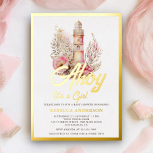 Invitación Con Relieve Metalizado Ducha de Bebé Niña Náutica Faro Floral Dorado