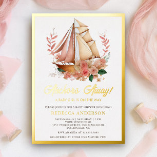 Invitación Con Relieve Metalizado Ducha de Bebé Niña Náutica Floral Boho Barco Dorad