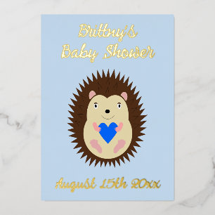 Invitación Con Relieve Metalizado Ducha de bebé niño azul corazón erizo