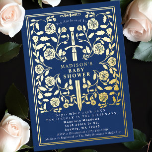 Invitación Con Relieve Metalizado Ducha de bebé niño Espada Dorada Medieval Azul Rea