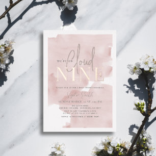Invitación Con Relieve Metalizado Ducha de Bebé Nube 9 Cielo Rosa Acuarela Niña