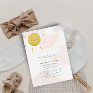 Invitación Con Relieve Metalizado Ducha de Bebé Nube Rayo de Sol Niña