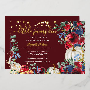 Invitación Con Relieve Metalizado Ducha de bebé otoñal flor burgundy rústica calabaz