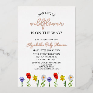 Invitación Con Relieve Metalizado Ducha de Bebé Pequeña Flor Silvestre