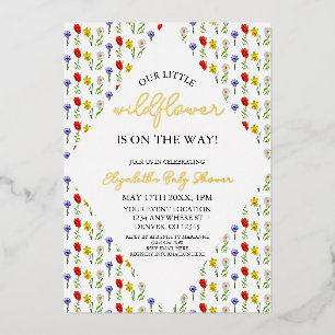 Invitación Con Relieve Metalizado Ducha de Bebé Pequeña Flor Silvestre