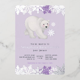 Invitación Con Relieve Metalizado Ducha de bebé Polar Purple Copo de Nieve de Hoja d