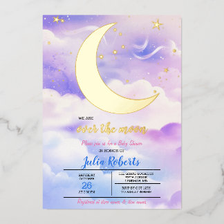 Invitación Con Relieve Metalizado Ducha de Bebé Sobre La Luna