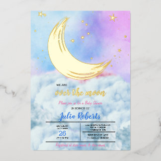 Invitación Con Relieve Metalizado Ducha de bebé sobre la luna