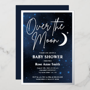 Invitación Con Relieve Metalizado Ducha de bebé sobre la luna de plata real