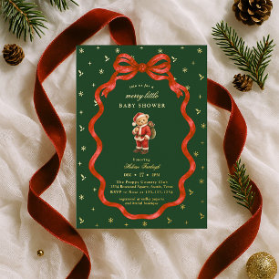 Invitación Con Relieve Metalizado Ducha de Bebé Teddy Bear Merry Little Christmas