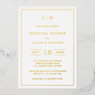 Invitación Con Relieve Metalizado Ducha de Boda con Monograma Sencillo y Elegante