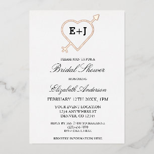 Invitación Con Relieve Metalizado Ducha de Boda Corazón y Flecha Monograma