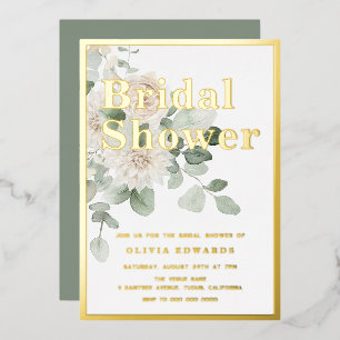 Invitación Con Relieve Metalizado Ducha de Boda Floral Verde Salvia y Hoja de Oro Bl