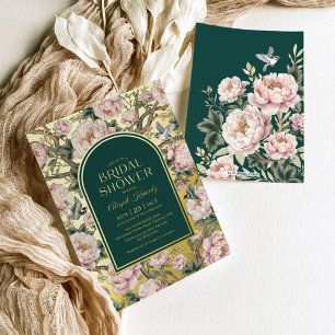 Invitación Con Relieve Metalizado Ducha de Boda Flores Chinoiserie Oro Verde Oscuro