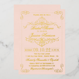 Invitación Con Relieve Metalizado Ducha de Boda Rosa Rubor y Remolinos Ornamentados 