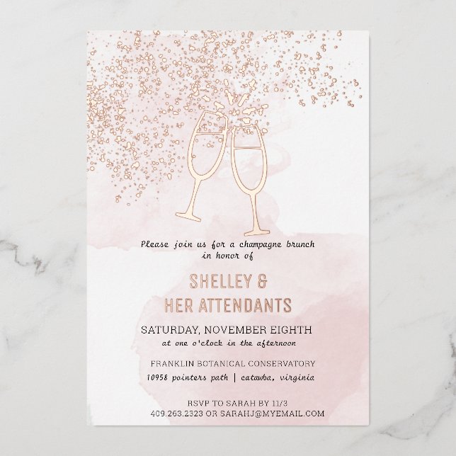 Invitación Con Relieve Metalizado Ducha de brunch rosa de champán (Anverso)