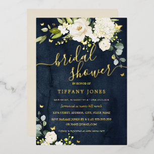 Invitación Con Relieve Metalizado Ducha de Novia Azul Champán Floral Dorado