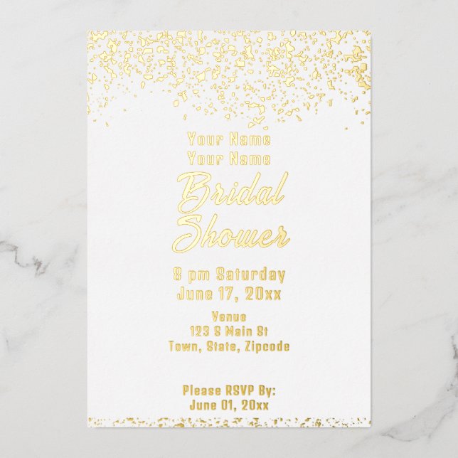 Invitación Con Relieve Metalizado Ducha de novia blanca y Relieve metalizado dorado (Anverso)