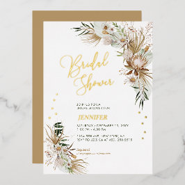 Invitación Con Relieve Metalizado Ducha de Novia Botánico Boho Verde y Dorado