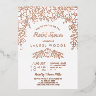 Invitación Con Relieve Metalizado Ducha de Novia con Arte de Línea Floral en Oro Ros