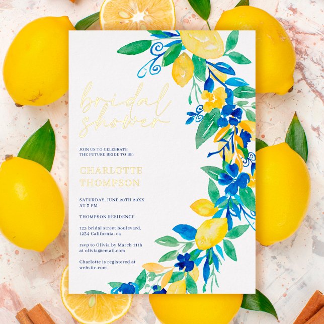 Invitación Con Relieve Metalizado Ducha de novia con escritura floral azul limón ita (Subido por el creador)