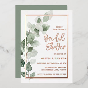 Invitación Con Relieve Metalizado Ducha de Novia con Hojas Verdes y Borde de Lámina 