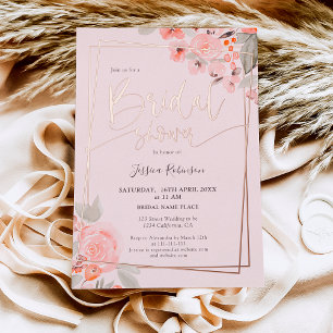 Invitación Con Relieve Metalizado Ducha de novia con rosa dorado floral melocotón en