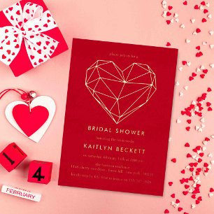 Invitación Con Relieve Metalizado Ducha de Novia Corazón Geométrico Día de San Valen