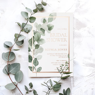 Invitación Con Relieve Metalizado Ducha de Novia de Hojas Verdes con Hojalata de Oro