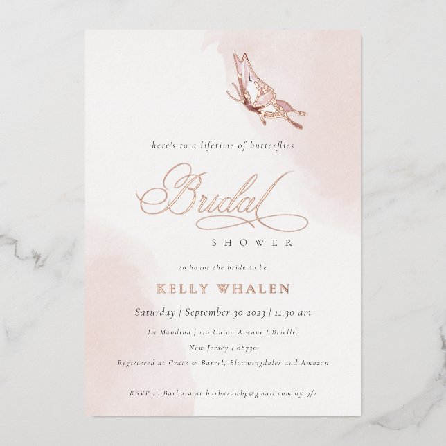 Invitación Con Relieve Metalizado Ducha de novia de mariposa color rosa Rubor (Anverso)