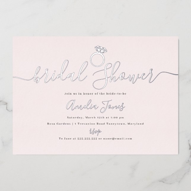 Invitación Con Relieve Metalizado Ducha de novia de Rubor rosada Ring Silver (Anverso)