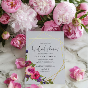 Invitación Con Relieve Metalizado Ducha de Novia Floral Acuarela Gris Paloma Suave